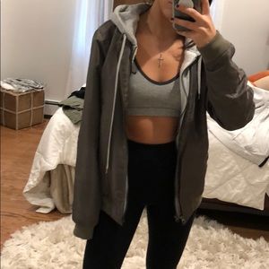 Green bomber with built in grey sweatshirt